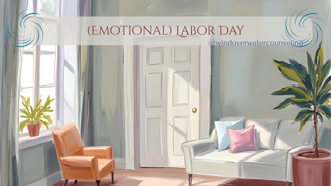 “Muted coastal tones in a serene living room, with an empty armchair and a folded blanket, evoking space for emotional rest.